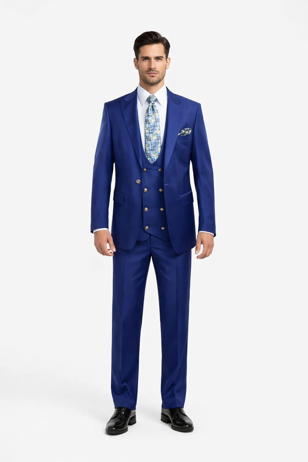 Rossiman Men??s Royal Blue Slim Fit Suit ?? Sophisticated Double-Breasted Design