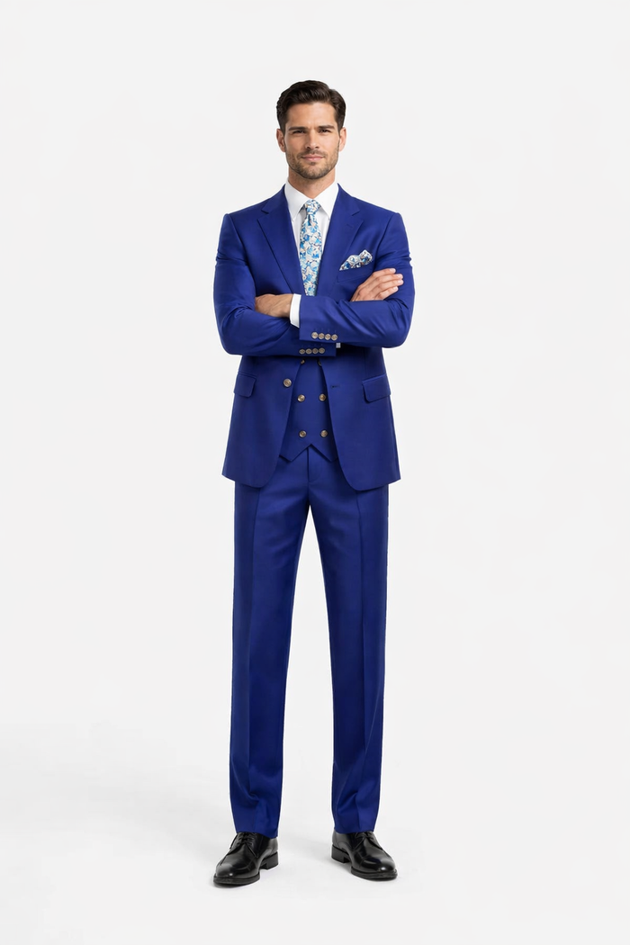 Rossiman Men??s Royal Blue Slim Fit Suit ?? Sophisticated Double-Breasted Design