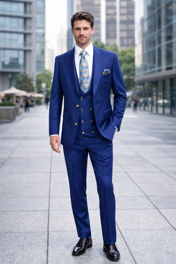 Rossiman Men??s Royal Blue Slim Fit Suit ?? Sophisticated Double-Breasted Design