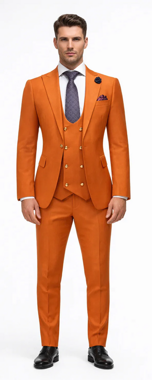 Rossiman Men's Rust Slim Fit Suit ?? 3-Piece Set with Double-Breasted Vest & Flat Front Pants