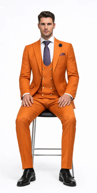 Rossiman Rust Men's Slim Fit Suit Double Breast Vest Flat Front Pants