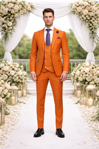 Rossiman Rust Men's Slim Fit Suit Double Breast Vest Flat Front Pants