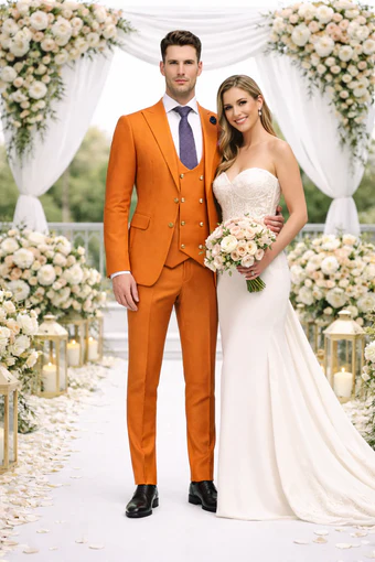 Rossiman Rust Men's Slim Fit Suit Double Breast Vest Flat Front Pants