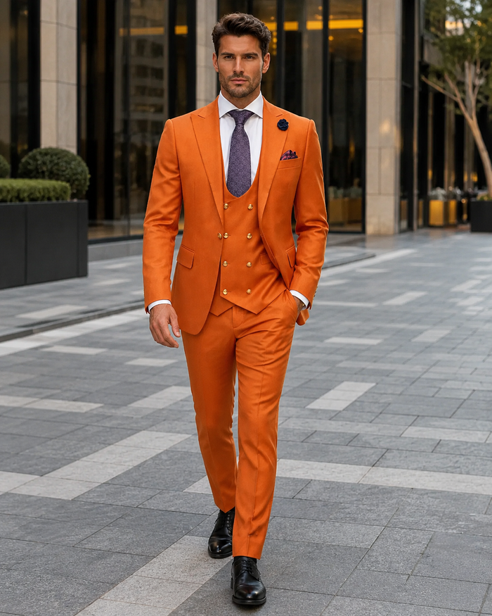 Rossiman Rust Men's Slim Fit Suit Double Breast Vest Flat Front Pants
