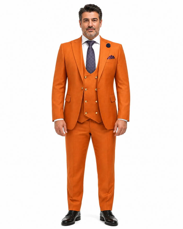 Rossiman Rust Men's Slim Fit Suit Double Breast Vest Flat Front Pants