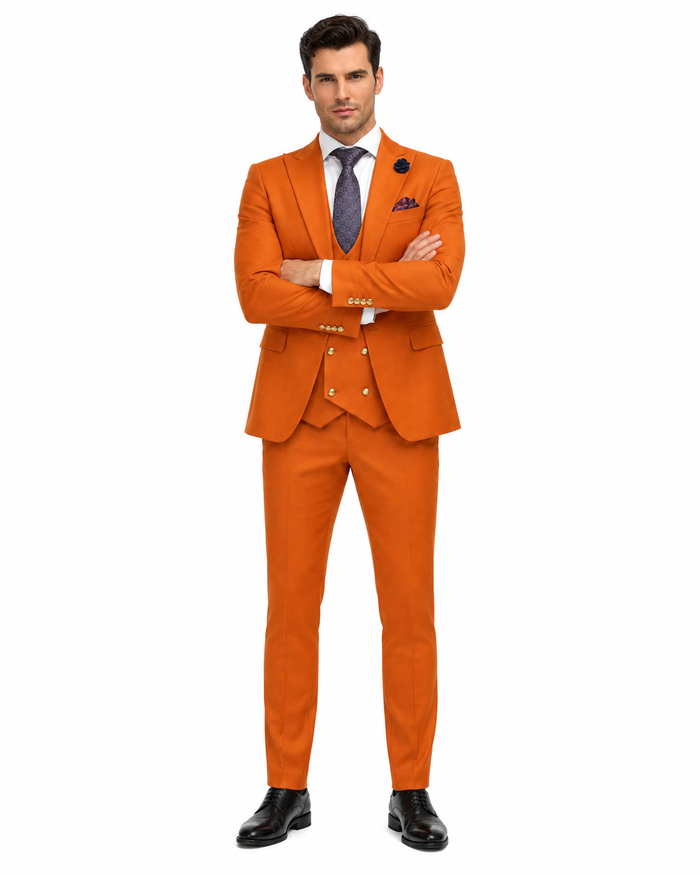 Rossiman Rust Men's Slim Fit Suit Double Breast Vest Flat Front Pants