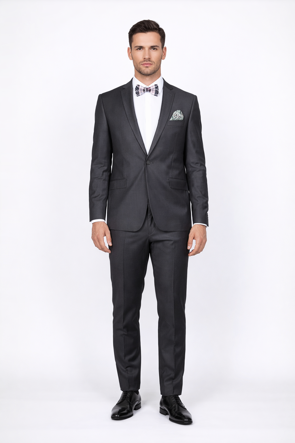Rossiman Men's Slim Fit Gray Wool Suit ?? 1-Button Peak Lapel Jacket & Tapered Low-Rise Pants