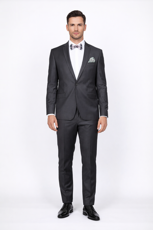 Rossiman Men's Slim Fit Gray Wool Suit ?? 1-Button Peak Lapel Jacket & Tapered Low-Rise Pants