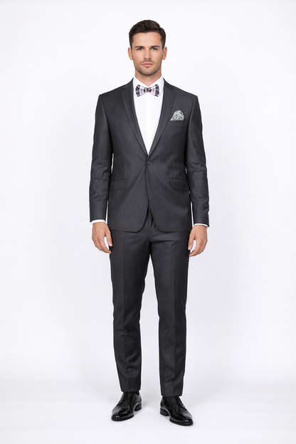 Rossiman Men's Slim Fit Gray Wool Suit ?? 1-Button Peak Lapel Jacket & Tapered Low-Rise Pants
