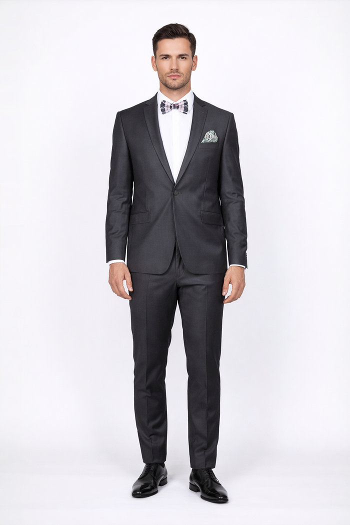 Rossiman Men's Slim Fit Gray Wool Suit ?? 1-Button Peak Lapel Jacket & Tapered Low-Rise Pants