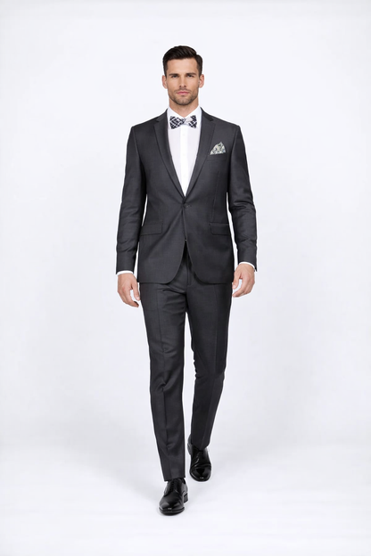 Rossiman Men's Slim Fit Gray Wool Suit ?? 1-Button Peak Lapel Jacket & Tapered Low-Rise Pants