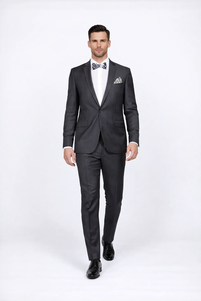 Rossiman Men's Slim Fit Gray Wool Suit ?? 1-Button Peak Lapel Jacket & Tapered Low-Rise Pants