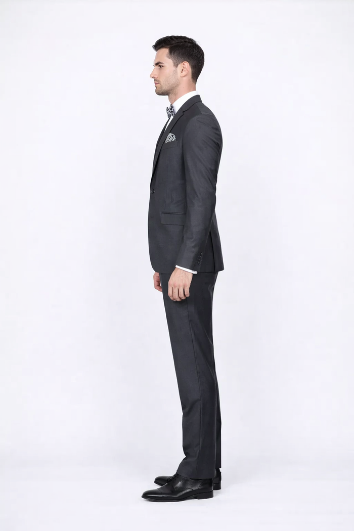 Rossiman Men's Slim Fit Gray Wool Suit ?? 1-Button Peak Lapel Jacket & Tapered Low-Rise Pants