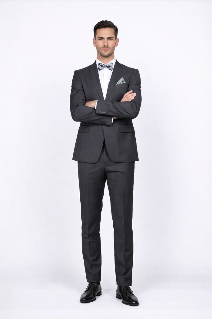 Rossiman Men's Slim Fit Gray Wool Suit ?? 1-Button Peak Lapel Jacket & Tapered Low-Rise Pants