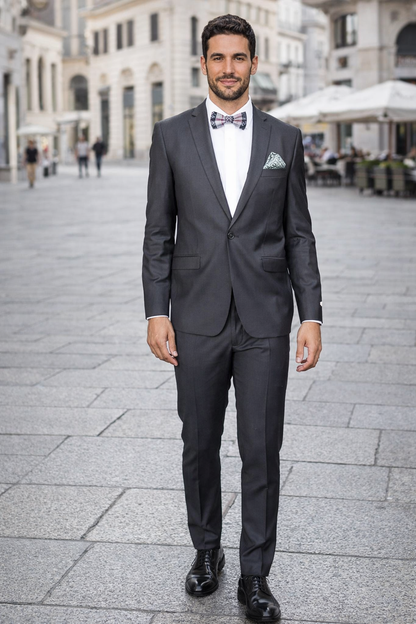 Rossiman Men's Slim Fit Gray Wool Suit ?? 1-Button Peak Lapel Jacket & Tapered Low-Rise Pants