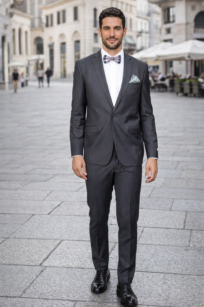 Rossiman Men's Slim Fit Gray Wool Suit ?? 1-Button Peak Lapel Jacket & Tapered Low-Rise Pants