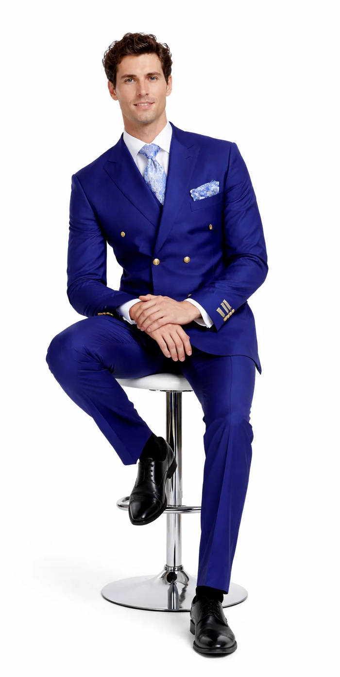 Rossiman Men's Slim Fit Royal Blue Suit ?? Double-Breasted Elegance