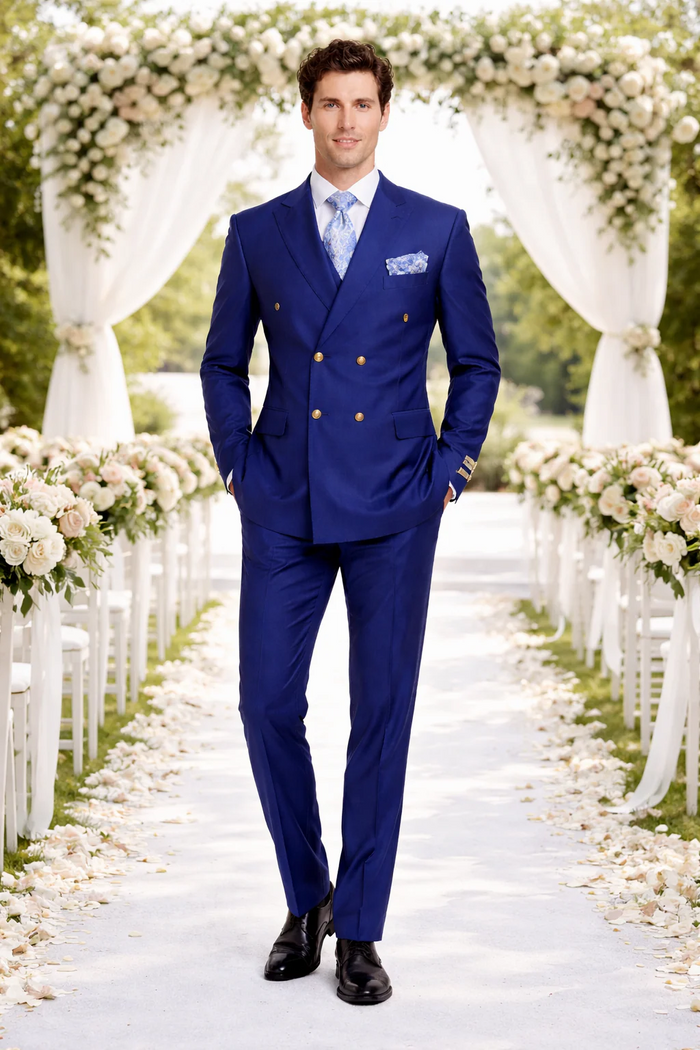 Rossiman Men's Slim Fit Royal Blue Suit ?? Double-Breasted Elegance