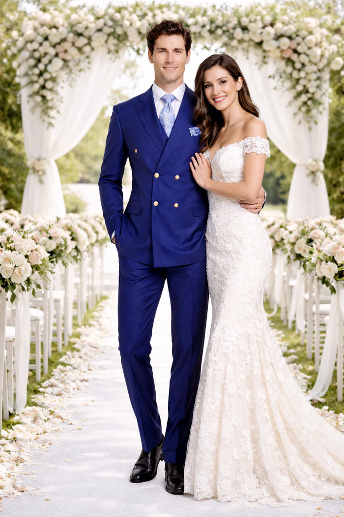 Rossiman Men's Slim Fit Royal Blue Suit ?? Double-Breasted Elegance