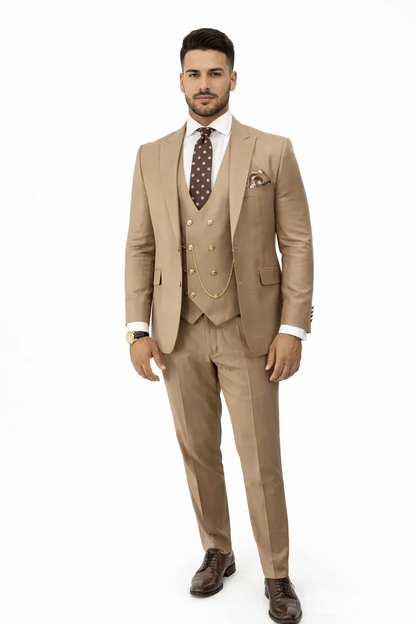Rossiman Suit - Tan Suit With Gold Buttons - Peak Lapel 1 Button Double Breasted Vest