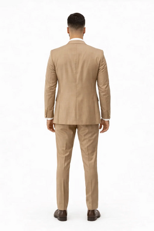 Rossiman Suit - Tan Suit With Gold Buttons - Peak Lapel 1 Button Double Breasted Vest