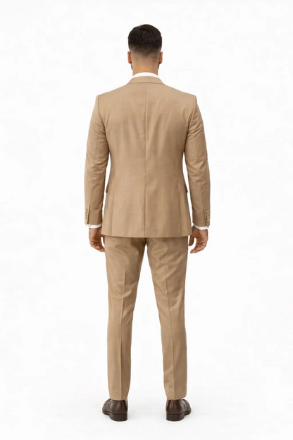 Rossiman Suit - Tan Suit With Gold Buttons - Peak Lapel 1 Button Double Breasted Vest