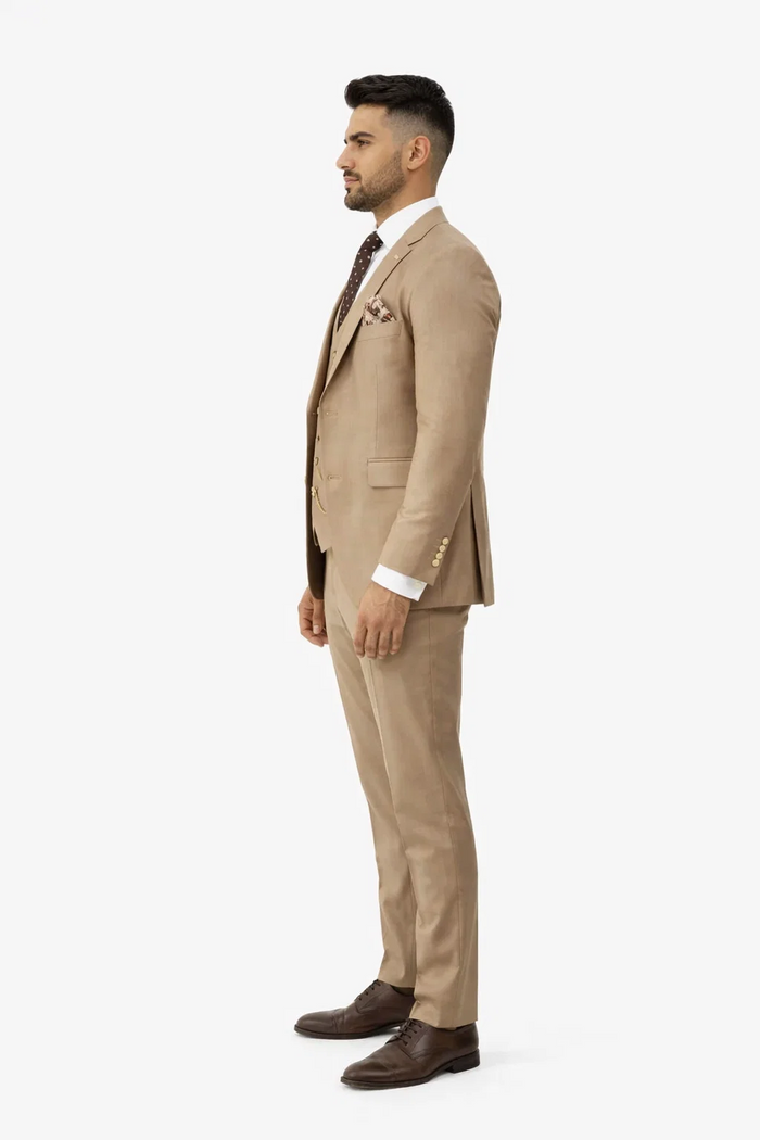 Rossiman Suit - Tan Suit With Gold Buttons - Peak Lapel 1 Button Double Breasted Vest