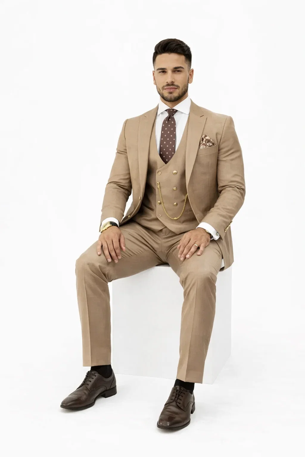 Rossiman Suit - Tan Suit With Gold Buttons - Peak Lapel 1 Button Double Breasted Vest