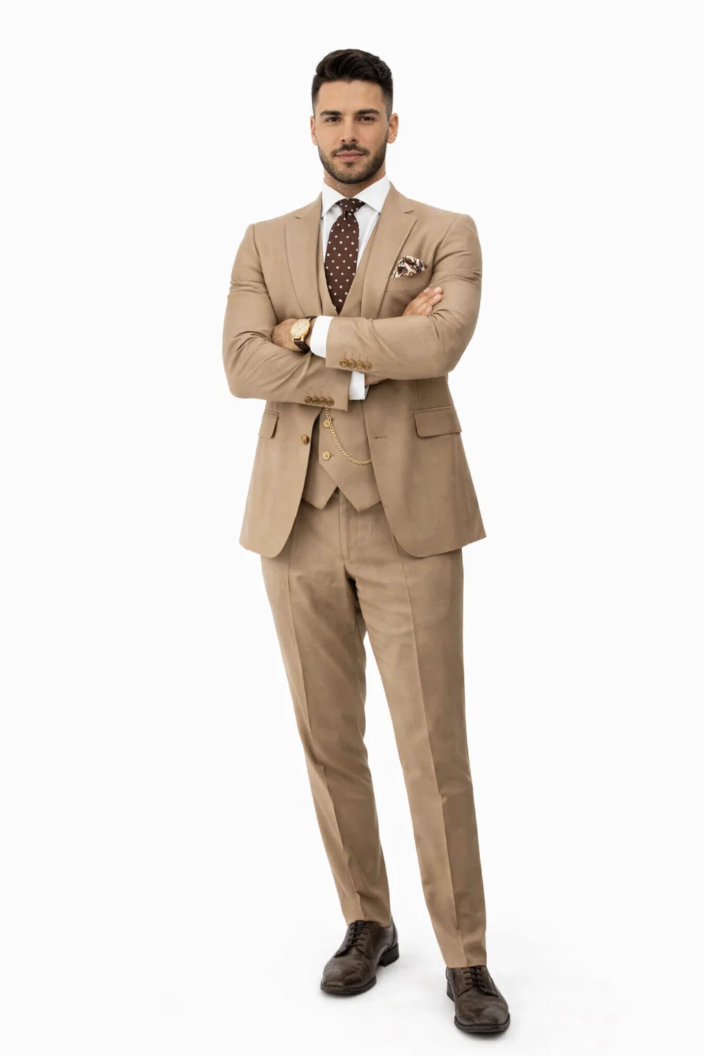 Rossiman Suit - Tan Suit With Gold Buttons - Peak Lapel 1 Button Double Breasted Vest