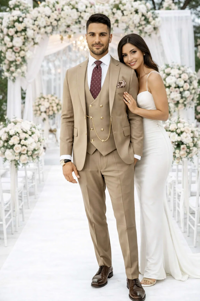 Rossiman Suit - Tan Suit With Gold Buttons - Peak Lapel 1 Button Double Breasted Vest