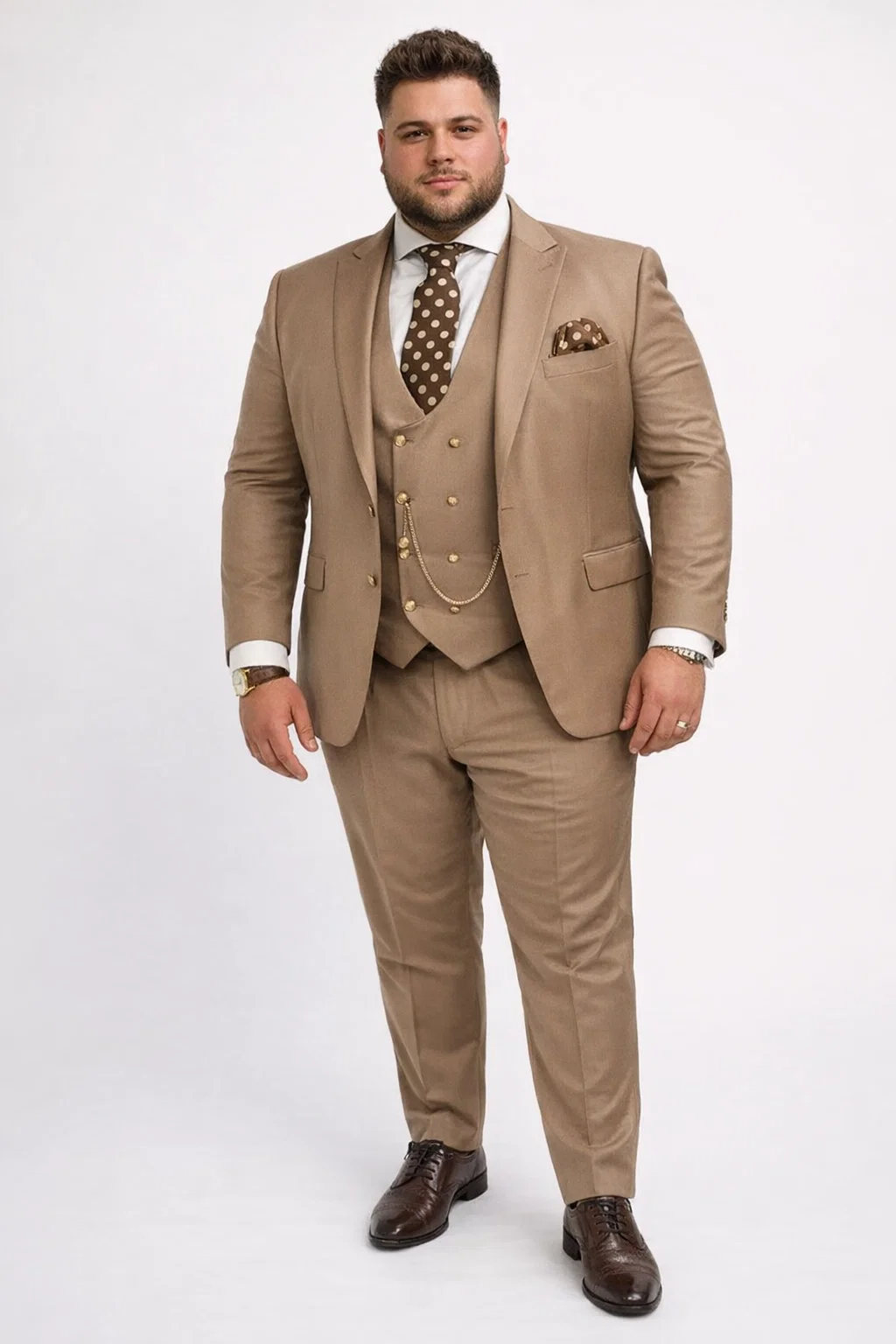 Rossiman Suit - Tan Suit With Gold Buttons - Peak Lapel 1 Button Double Breasted Vest