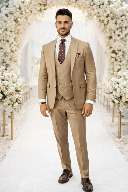 Rossiman Suit - Tan Suit With Gold Buttons - Peak Lapel 1 Button Double Breasted Vest