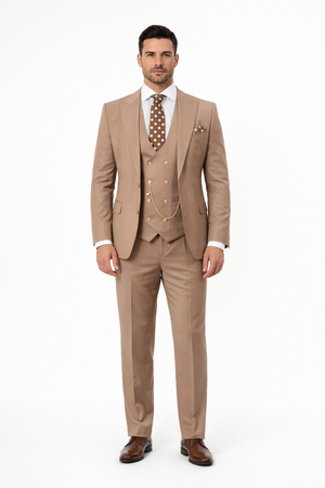 Rossiman Men??s Tan Suit ?? Gold Buttons & Double-Breasted Vest Elegance