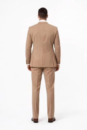 Rossiman Men??s Tan Suit ?? Gold Buttons & Double-Breasted Vest Elegance