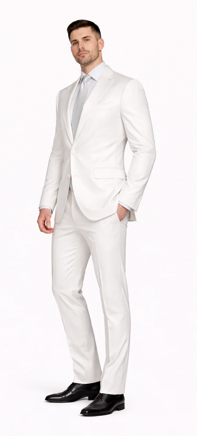 Rossiman White Sateen Suit for Men ?? High-Shine Formal Elegance
