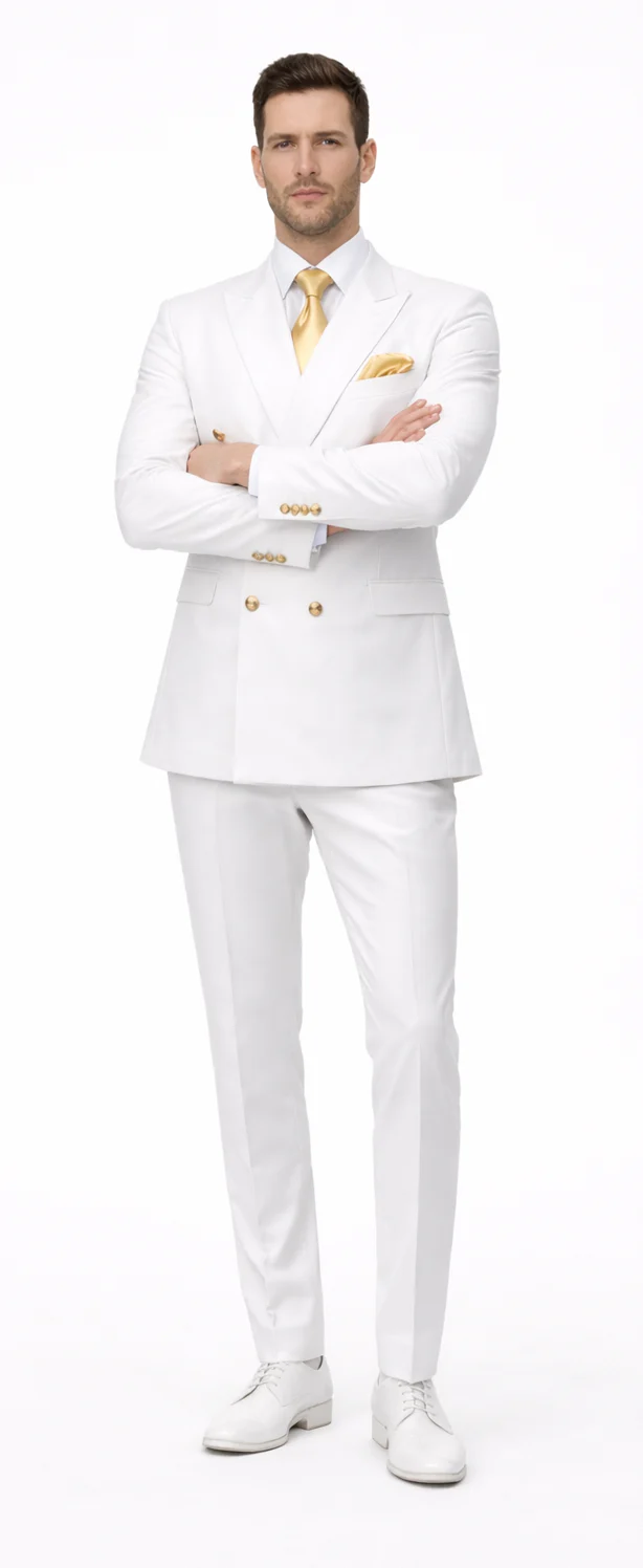 Rossiman White Men's Suit Double Breasted Slim Fit
