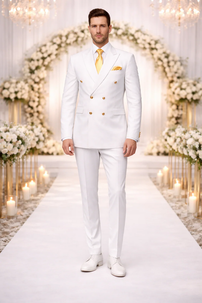Rossiman White Men's Suit Double Breasted Slim Fit
