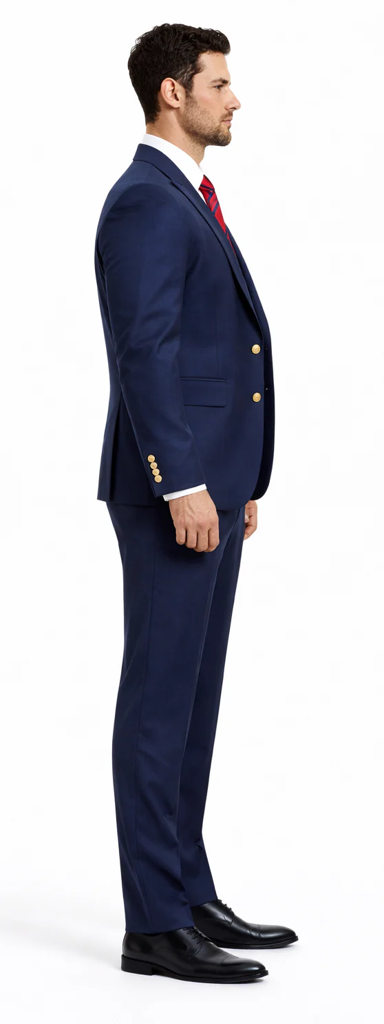 Rossiman Brand Navy Blue Suits - 1 Button Suit Peak Lapel Double Breasted Vest