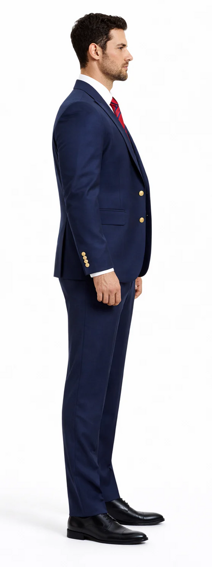 Rossiman Brand Navy Blue Suits - 1 Button Suit Peak Lapel Double Breasted Vest