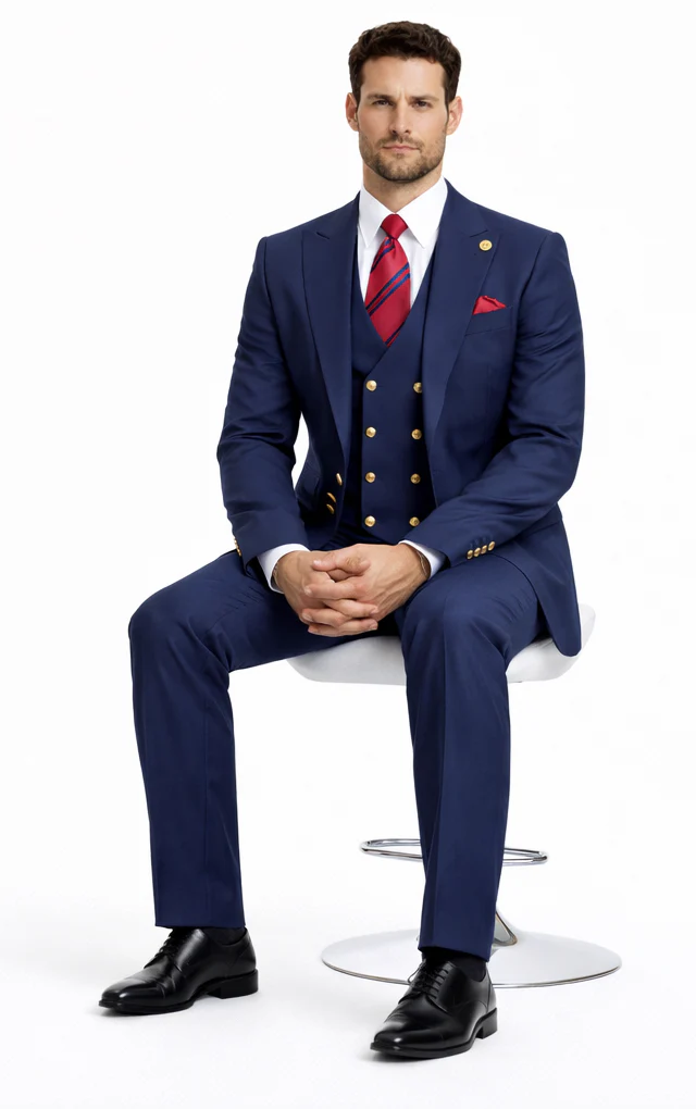 Rossiman Brand Navy Blue Suits - 1 Button Suit Peak Lapel Double Breasted Vest