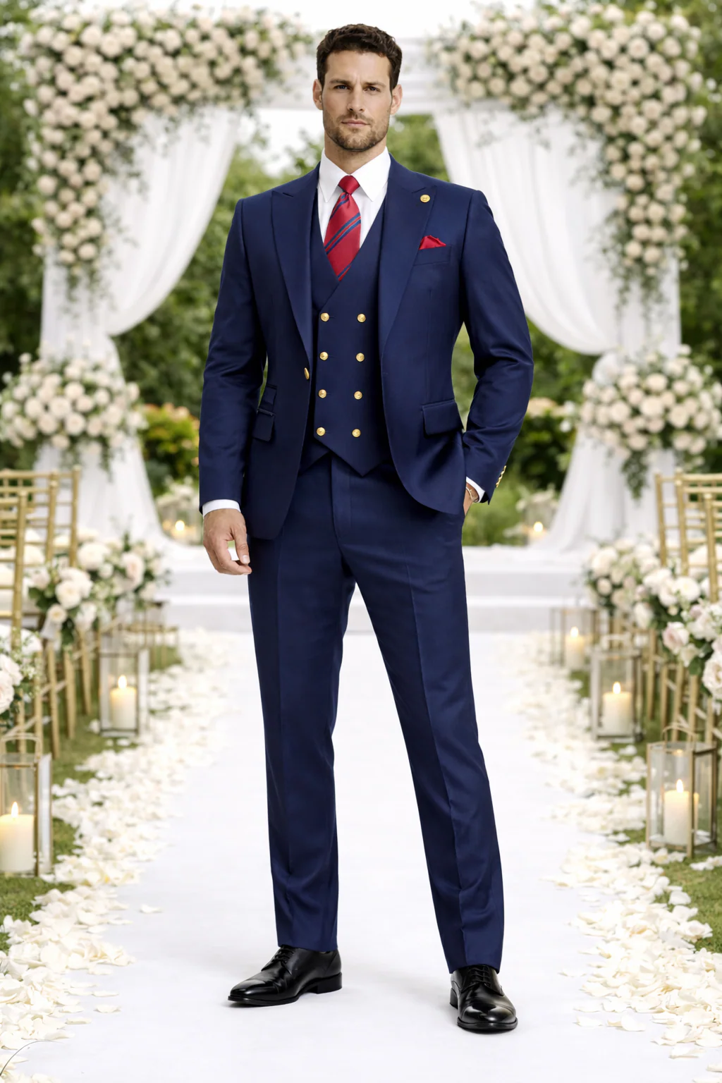 Rossiman Brand Navy Blue Suits - 1 Button Suit Peak Lapel Double Breasted Vest