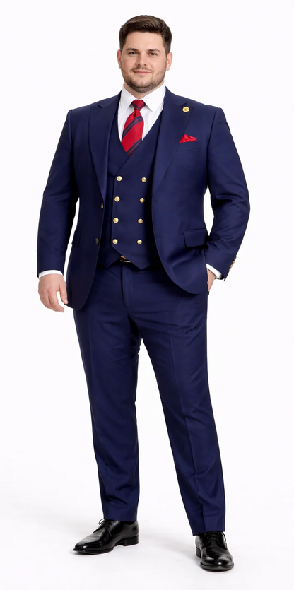 Rossiman Brand Navy Blue Suits - 1 Button Suit Peak Lapel Double Breasted Vest