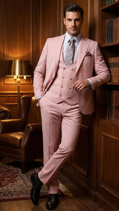 Rossiman Pink Men's Slim Fit Suit Double Brest Vest Flat Front Pants