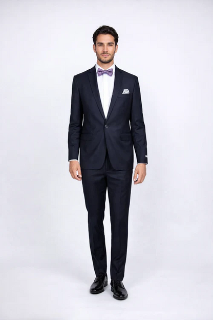 Men's Navy Blue Rossiman Rossi Slim Fit Peak Lapel Suit