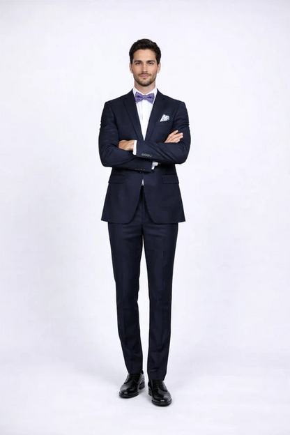Men's Navy Blue Rossiman Rossi Slim Fit Peak Lapel Suit
