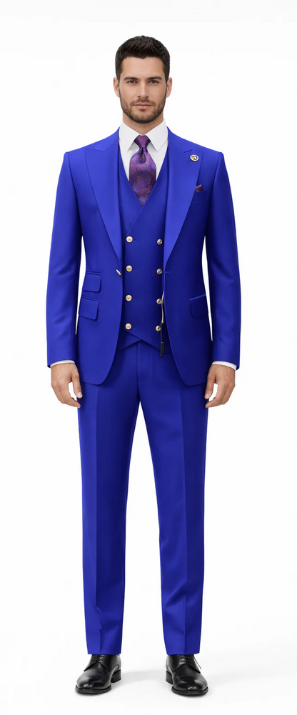 Rossiman Royal Blue Suit for Men – Classic 1-Button Peak Lapel Jacket & Double-Breasted Vest Royal Blue / 38 Long + 32 Waist (Adjustable 2
