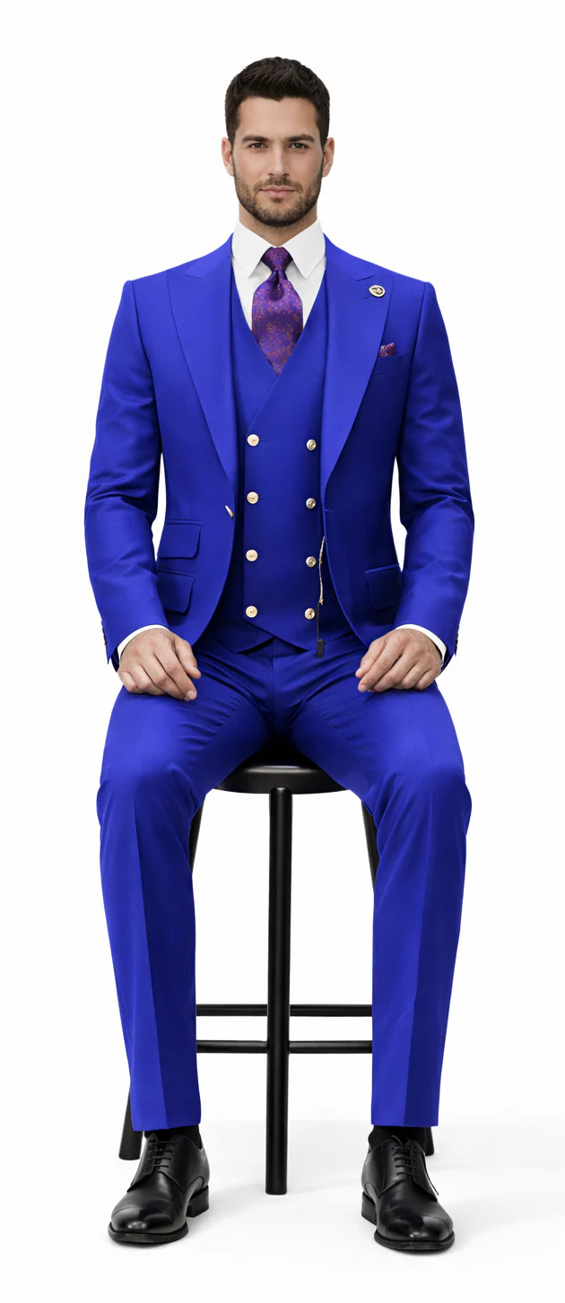 Rossiman Royal Blue Suit for Men ?? Classic 1-Button Peak Lapel Jacket & Double-Breasted Vest
