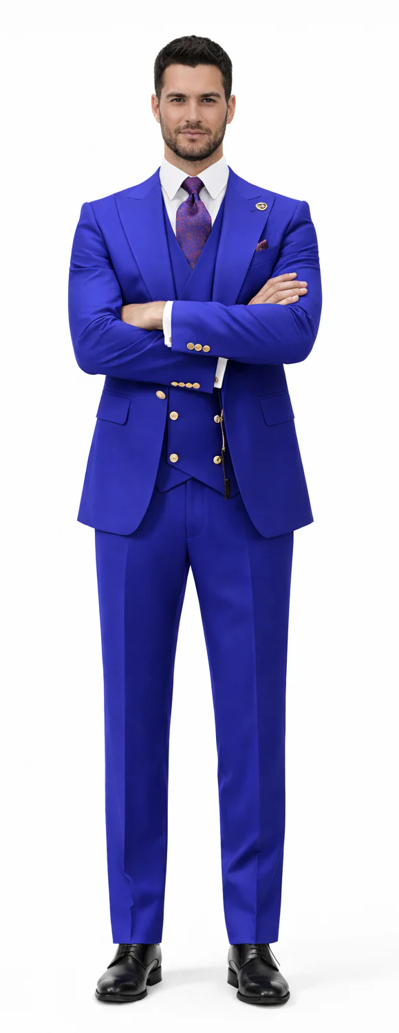Rossiman Royal Blue Suit for Men ?? Classic 1-Button Peak Lapel Jacket & Double-Breasted Vest