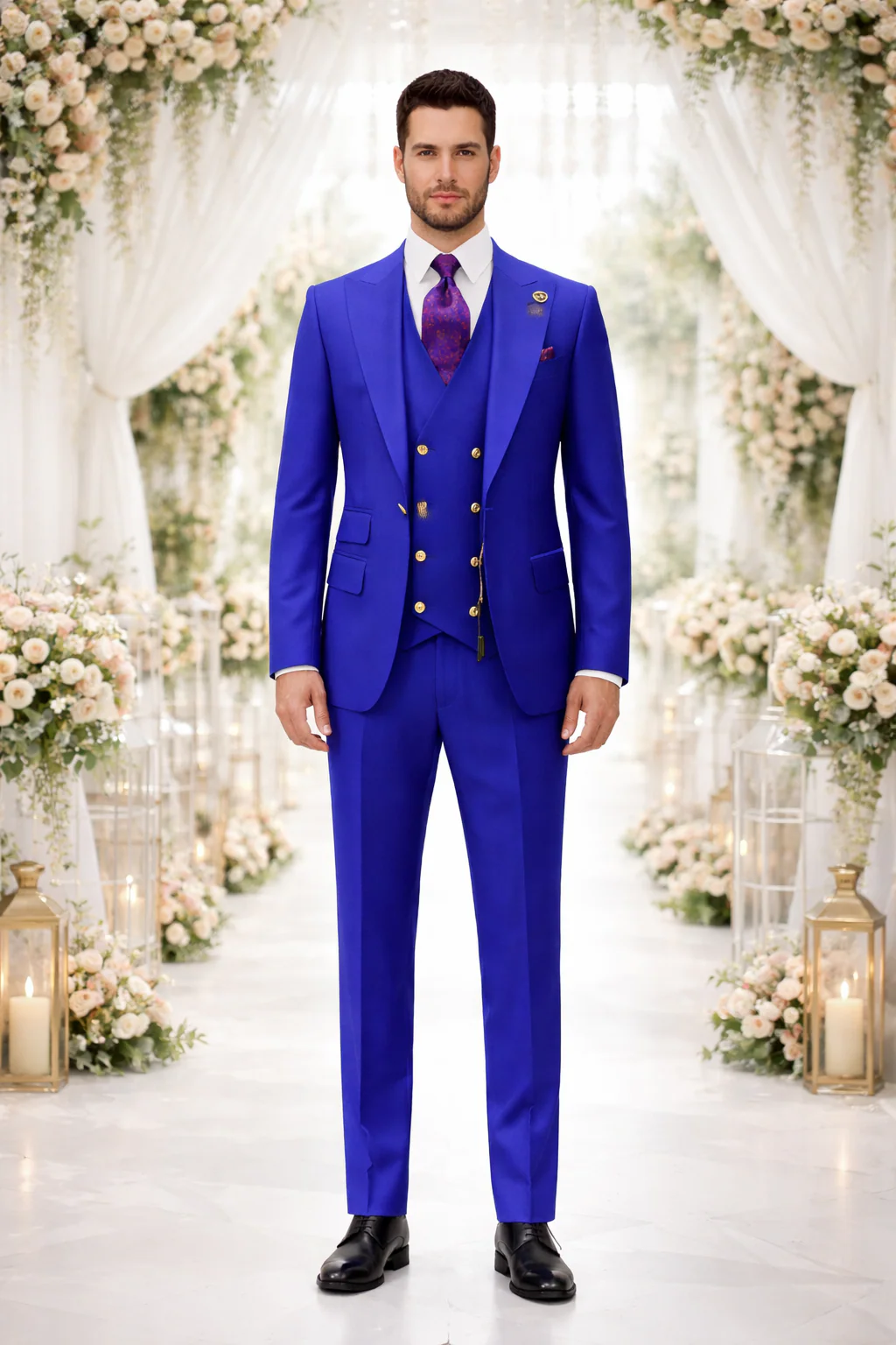 Rossiman Royal Blue Suit for Men ?? Classic 1-Button Peak Lapel Jacket & Double-Breasted Vest
