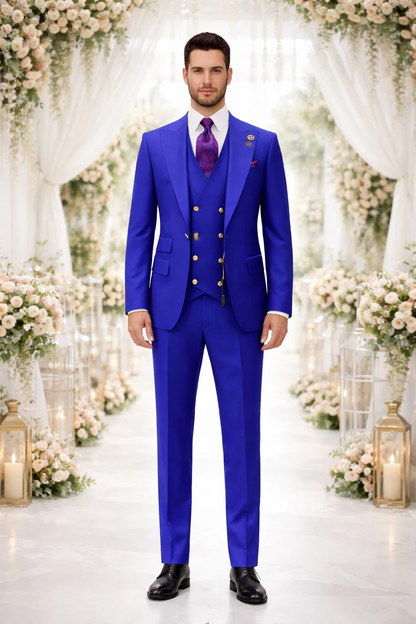 Rossiman Royal Blue Suit for Men ?? Classic 1-Button Peak Lapel Jacket & Double-Breasted Vest